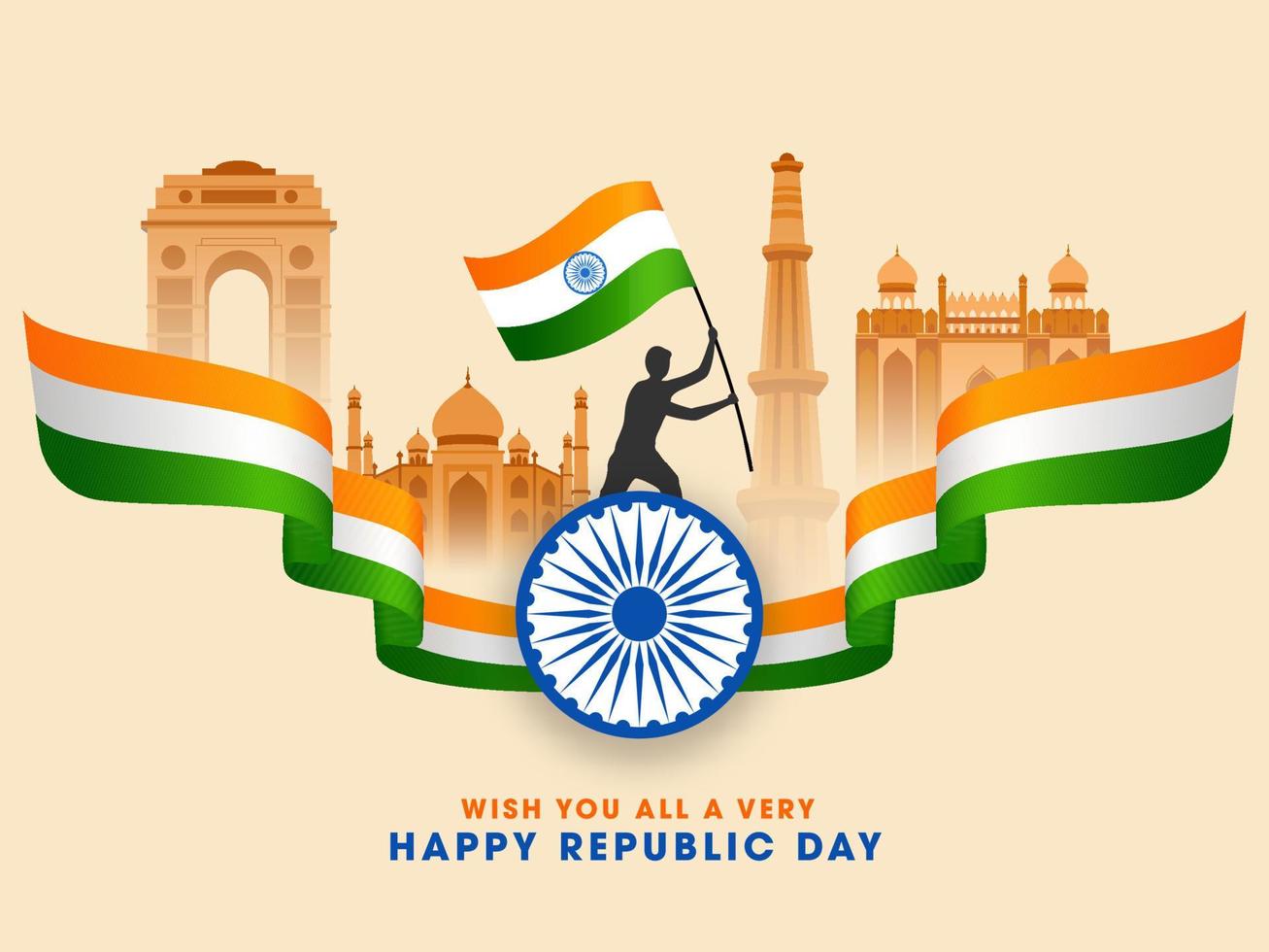 Índia famoso monumentos com silhueta homem segurando indiano bandeira, ashoka roda e tricolor ondulado fita para república dia conceito. vetor