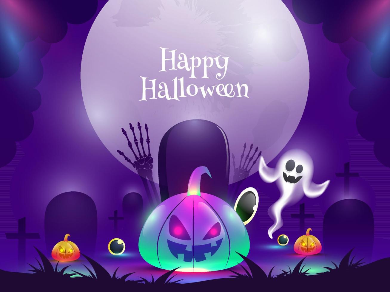 gradiente luz efeito jack-o-lanterns com desenho animado fantasma, globos oculares, esqueleto mãos e cemitério em cheio lua roxa fundo para feliz dia das Bruxas. vetor