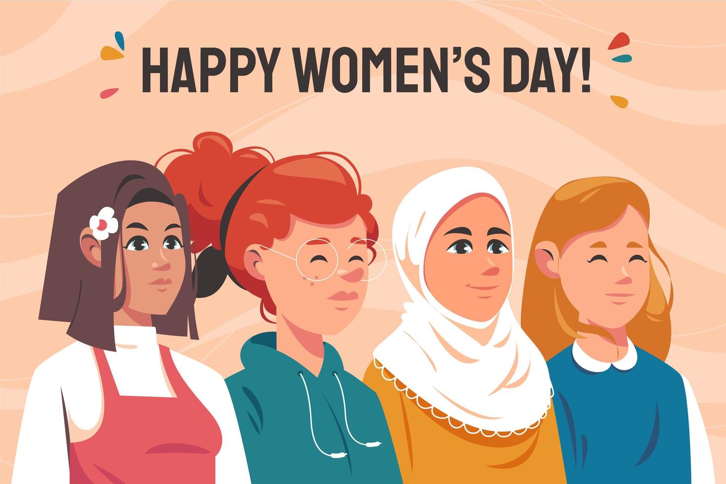 ilustração do dia da mulher com várias etnias e cores vetor