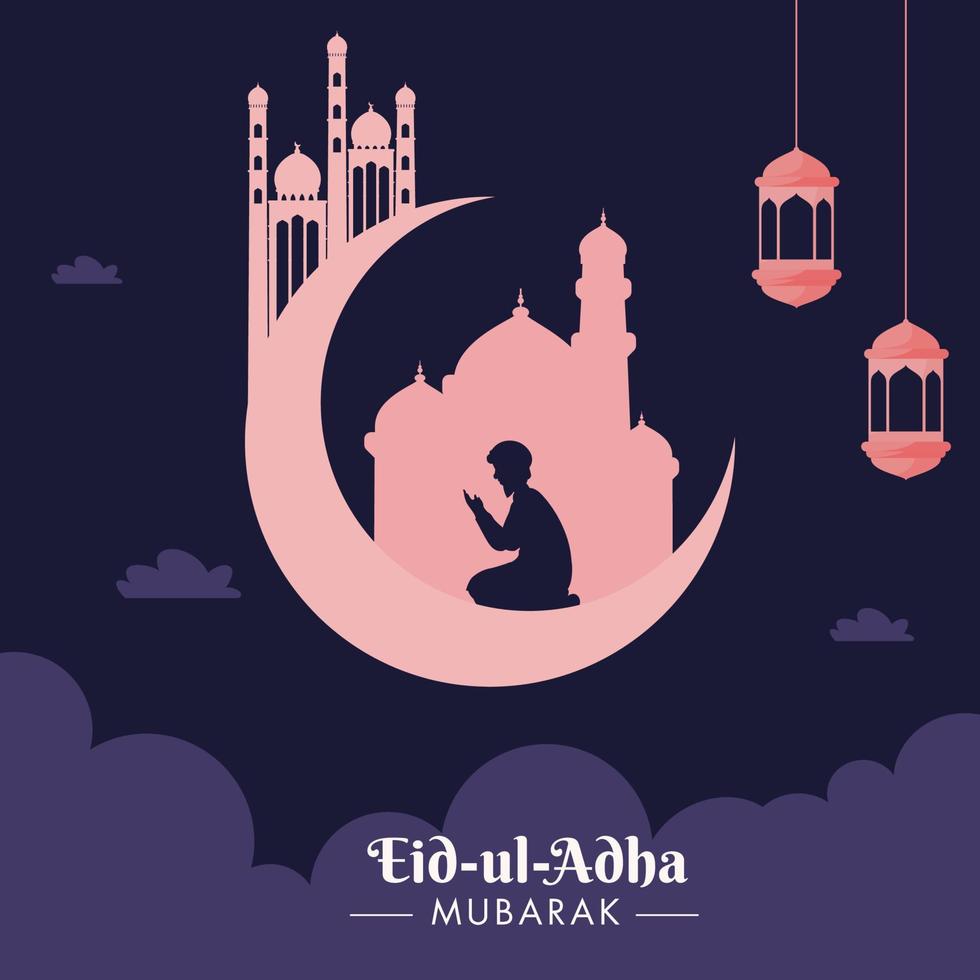 Rosa crescente lua com mesquita, silhueta muçulmano homem Rezar e suspensão lanternas em roxa nuvens fundo. vetor