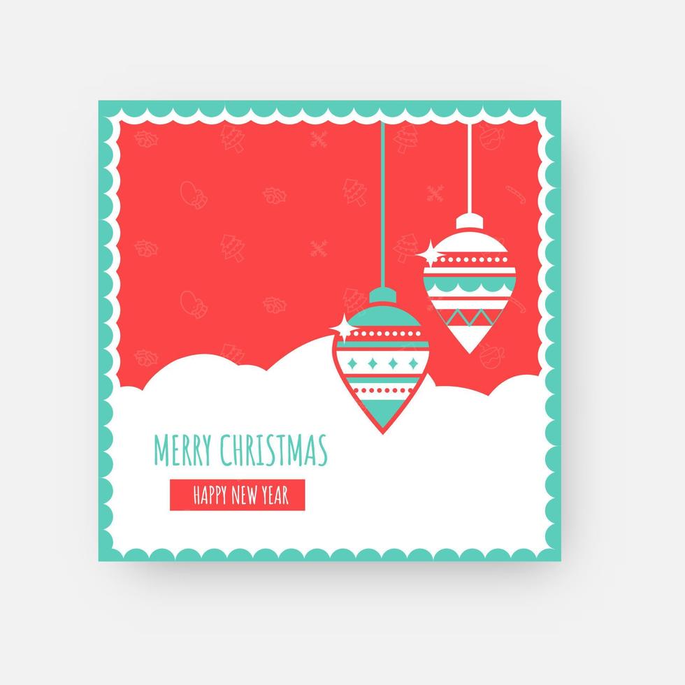 alegre Natal feliz Novo ano cumprimento cartão com suspensão enfeites dentro vermelho e branco cor. vetor