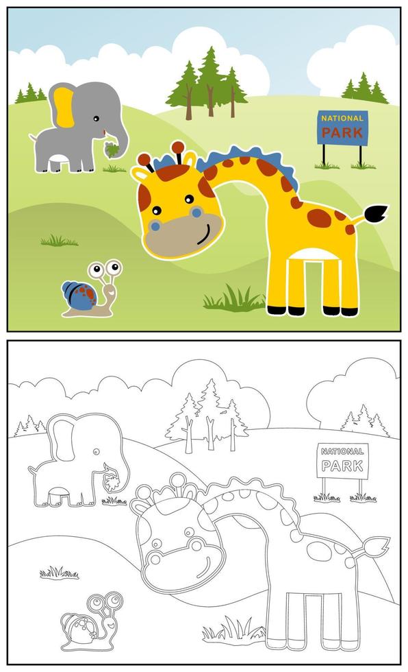 engraçado girafa com pequeno lesma, fofa elefante comendo grama, vetor desenho animado ilustração, coloração livro ou página