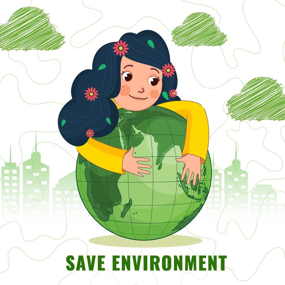 fofa menina abraçando terra globo com verde rabisco nuvens e silhueta edifícios em branco fundo para Salve  meio Ambiente conceito. vetor