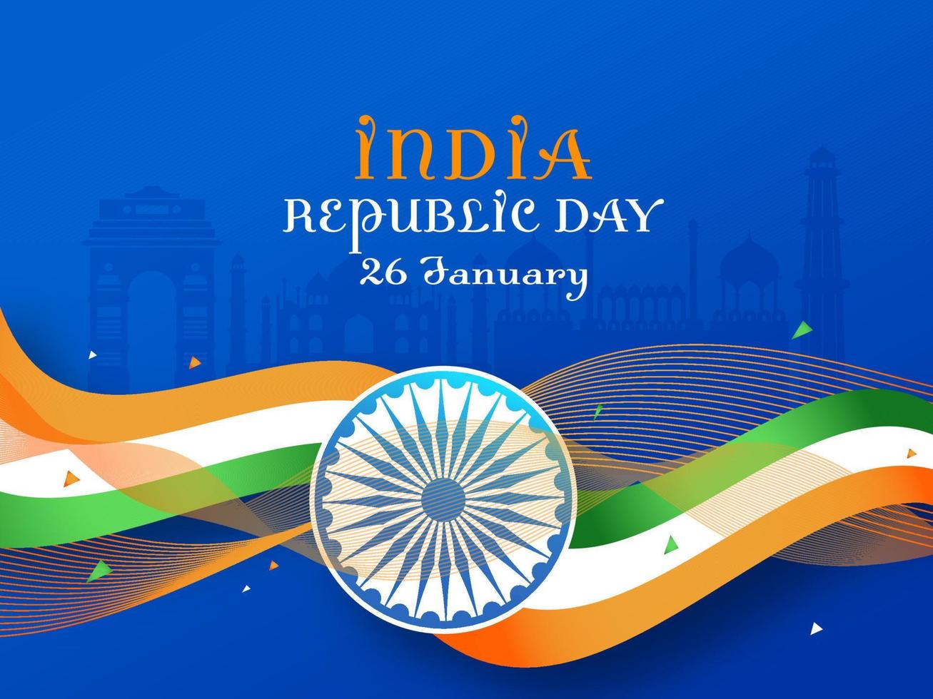 Índia república dia conceito com ashoka roda, tricolor fita e ondulado linhas em famoso monumentos azul fundo. vetor