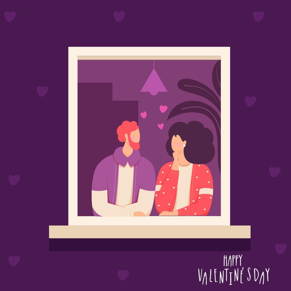 sem rosto amantes casal Vejo cada de outros perto janela em roxa fundo para feliz dia dos namorados dia. vetor
