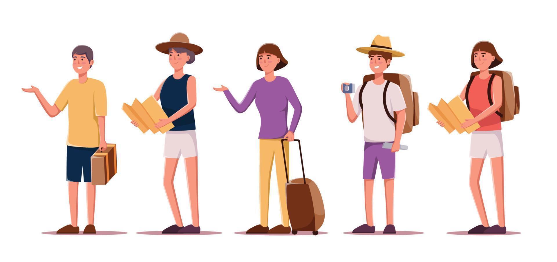 conjunto do personagens turistas viajando pessoas vetor ilustração
