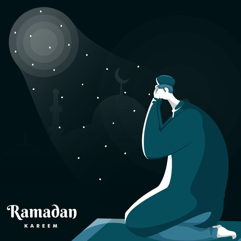 muçulmano homem Rezar dentro tayammum pose com celestial luzes em verde mesquita fundo para Ramadã kareem celebração. vetor