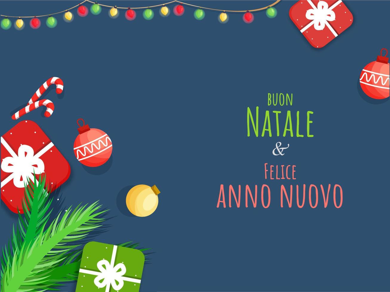 alegre Natal e feliz Novo ano texto escrito italiano língua com topo Visão do presente caixas, bugigangas, doce bengala, abeto folhas decorado em azul fundo. vetor