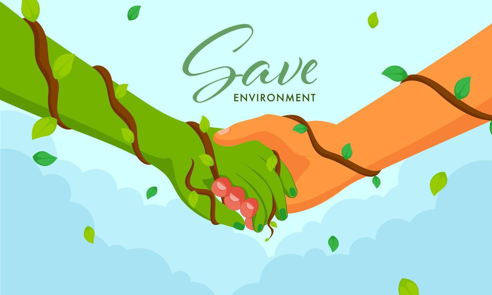 Salve  meio Ambiente conceito com aperto de mãos entre humano e verde mão em azul fundo. vetor