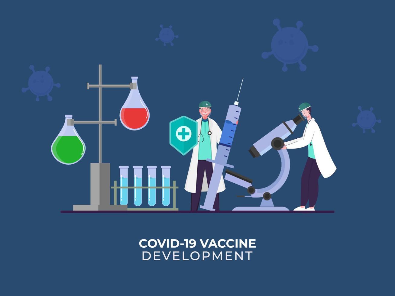 covid-19 vacina desenvolvimento conceito com cientistas homens trabalhando juntos dentro laboratório. vetor