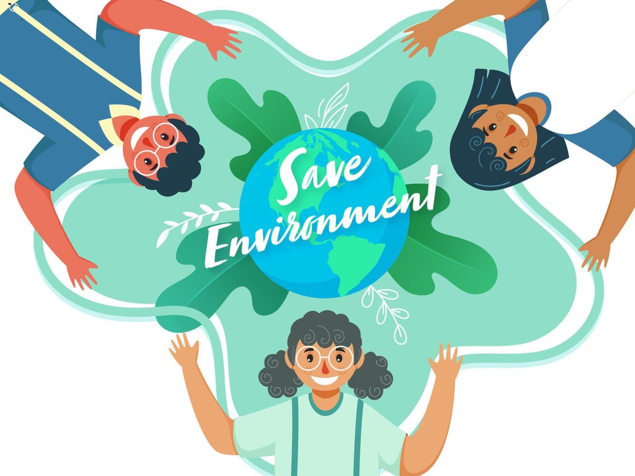 Salve  meio Ambiente conceito com desenho animado crianças levantando mãos acima e terra globo em verde folhas fundo. vetor