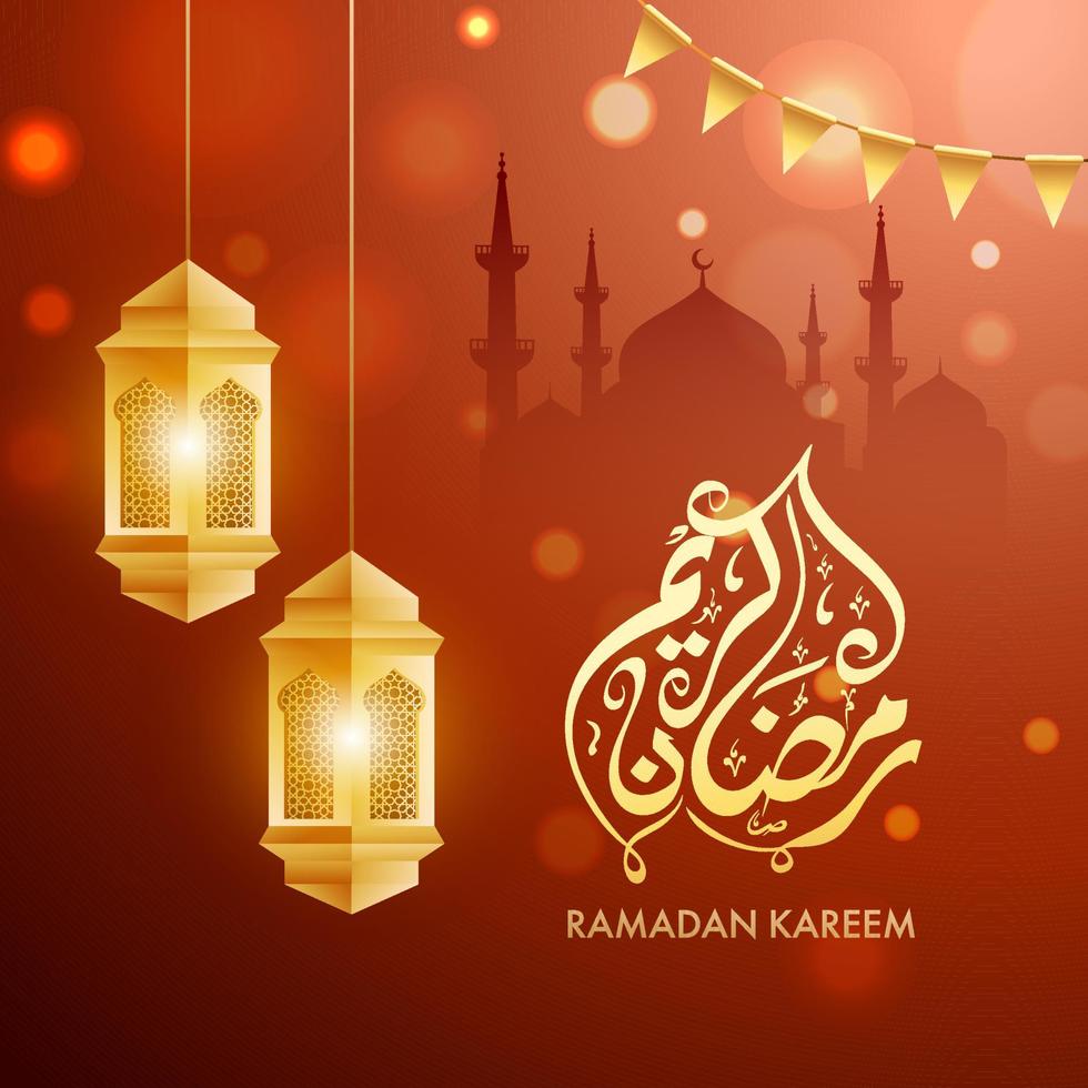 dourado árabe caligrafia do Ramadã kareem com suspensão iluminado lanternas e silhueta mesquita em Castanho bokeh fundo. vetor