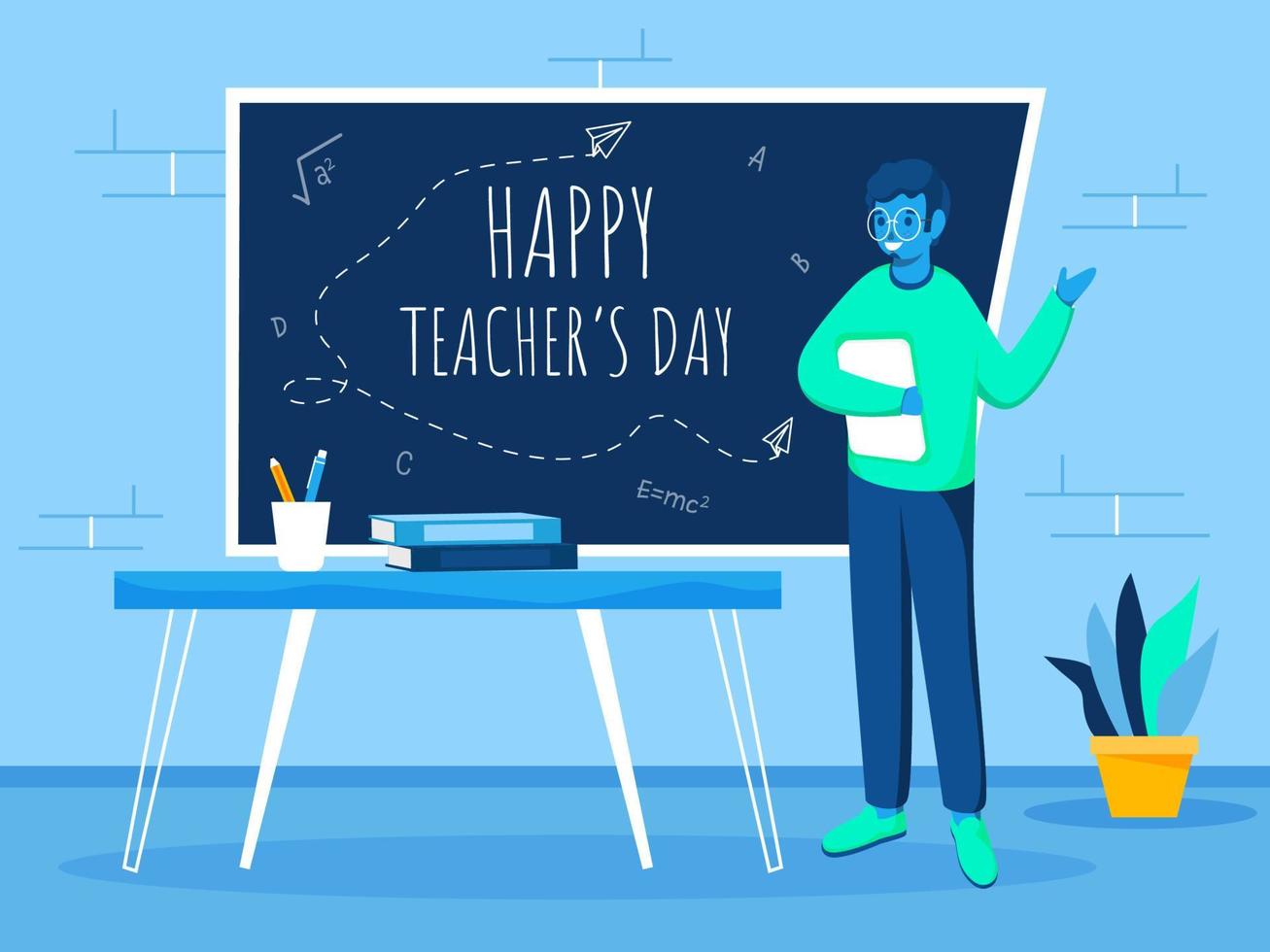 feliz professores dia texto em quadro-negro com desenho animado educador segurando livro dentro sala de aula. vetor
