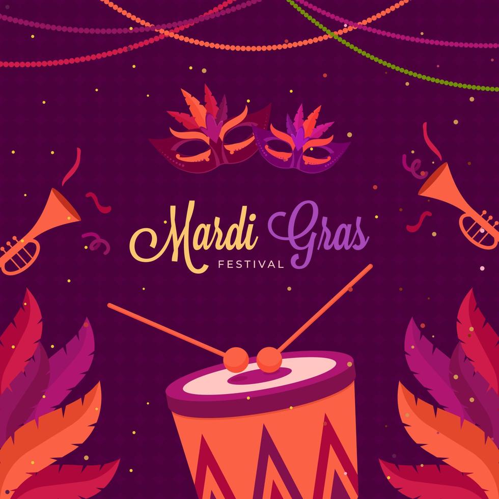 mardi gras festival celebração fundo decorado com penas, carnaval máscaras, trombetas e tambor instrumento. vetor