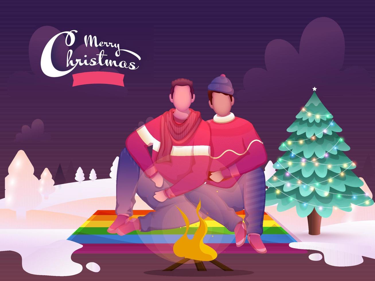 desenho animado gay casal sentado dentro frente do fogueira com decorativo natal árvore em Nevado roxa fundo para alegre Natal celebração. vetor