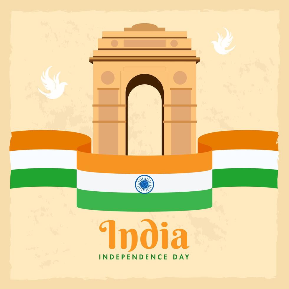 ilustração do Índia portão monumento com pombas e indiano bandeira fita em bege fundo para independência dia conceito. vetor
