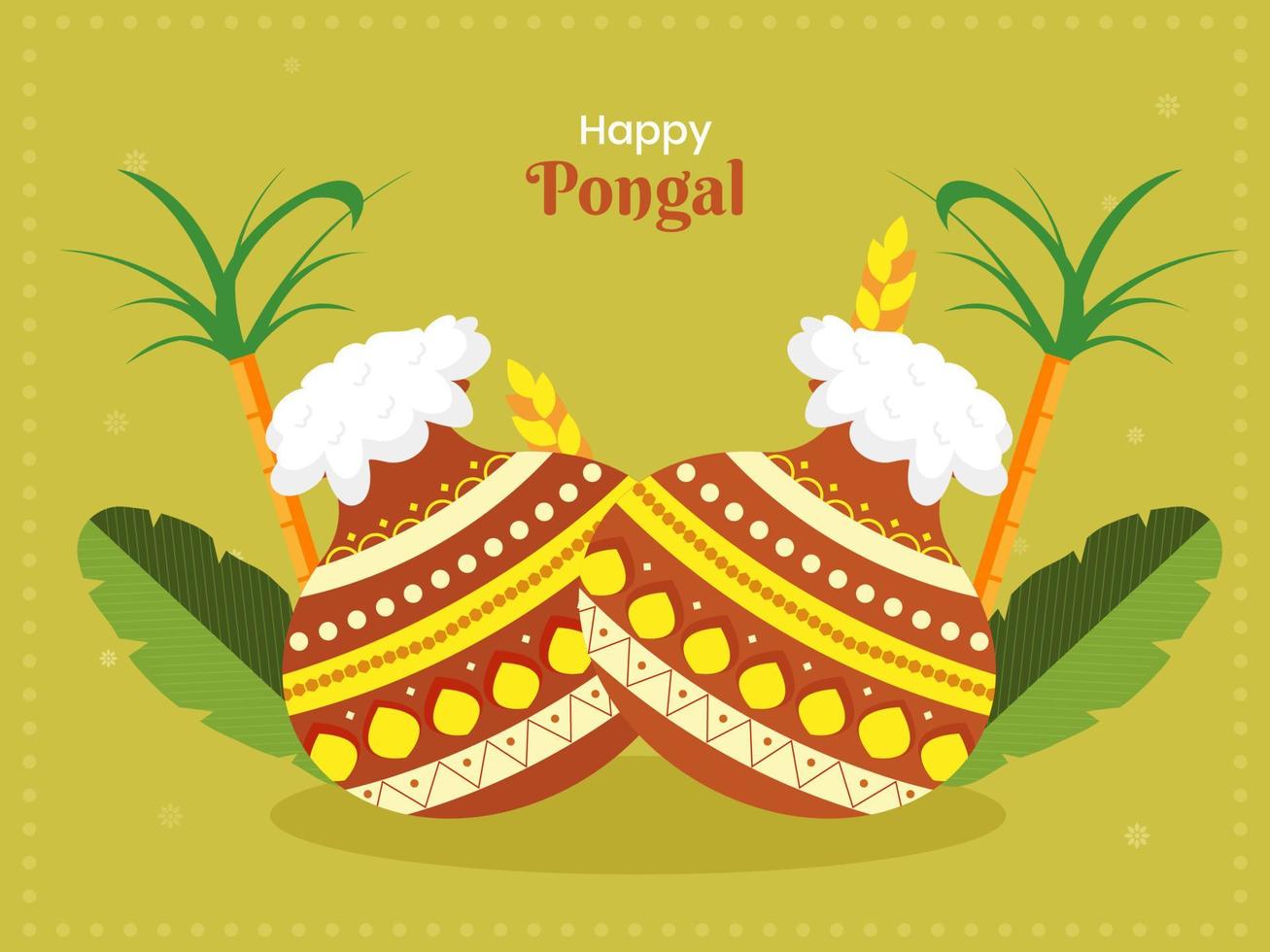 vetor ilustração do arroz lama panelas com banana folhas, trigo orelha e cana de açúcar em verde fundo para feliz pongal.