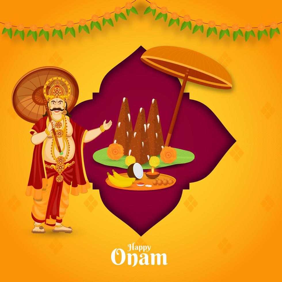 ilustração do rei Mahabali com thrikkakara appan ídolo e adoração prato em Rosa e laranja fundo para feliz onam celebração. vetor