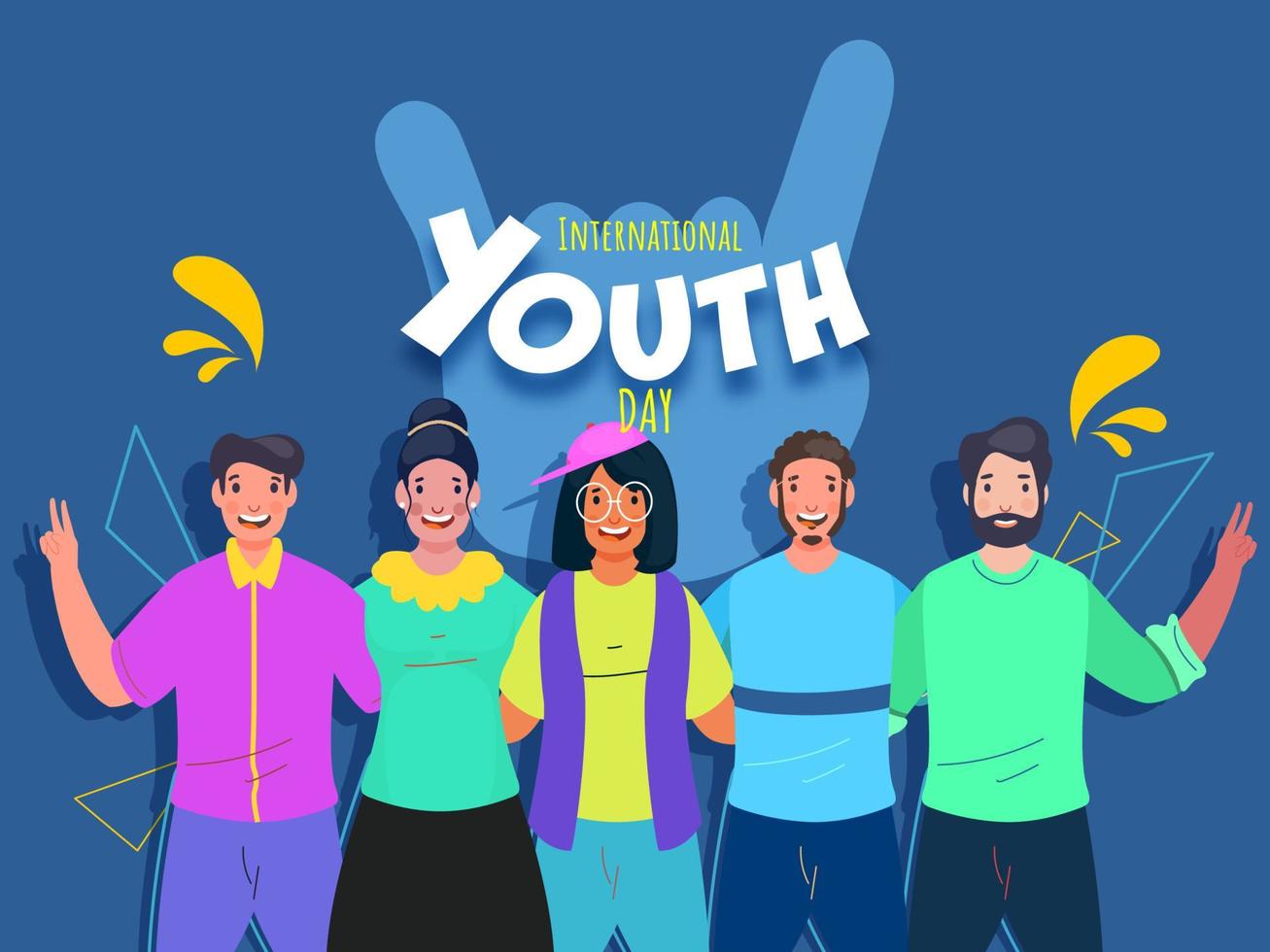 alegre jovem pessoas juntos levando açao em azul fundo para internacional juventude dia celebração. vetor