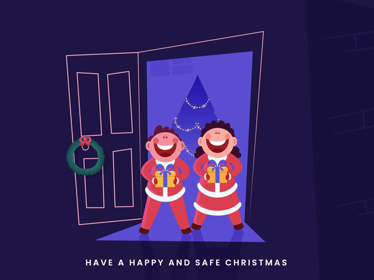alegre crianças segurando presente caixa às porta com decorativo natal árvore para feliz seguro Natal comemoro. vetor