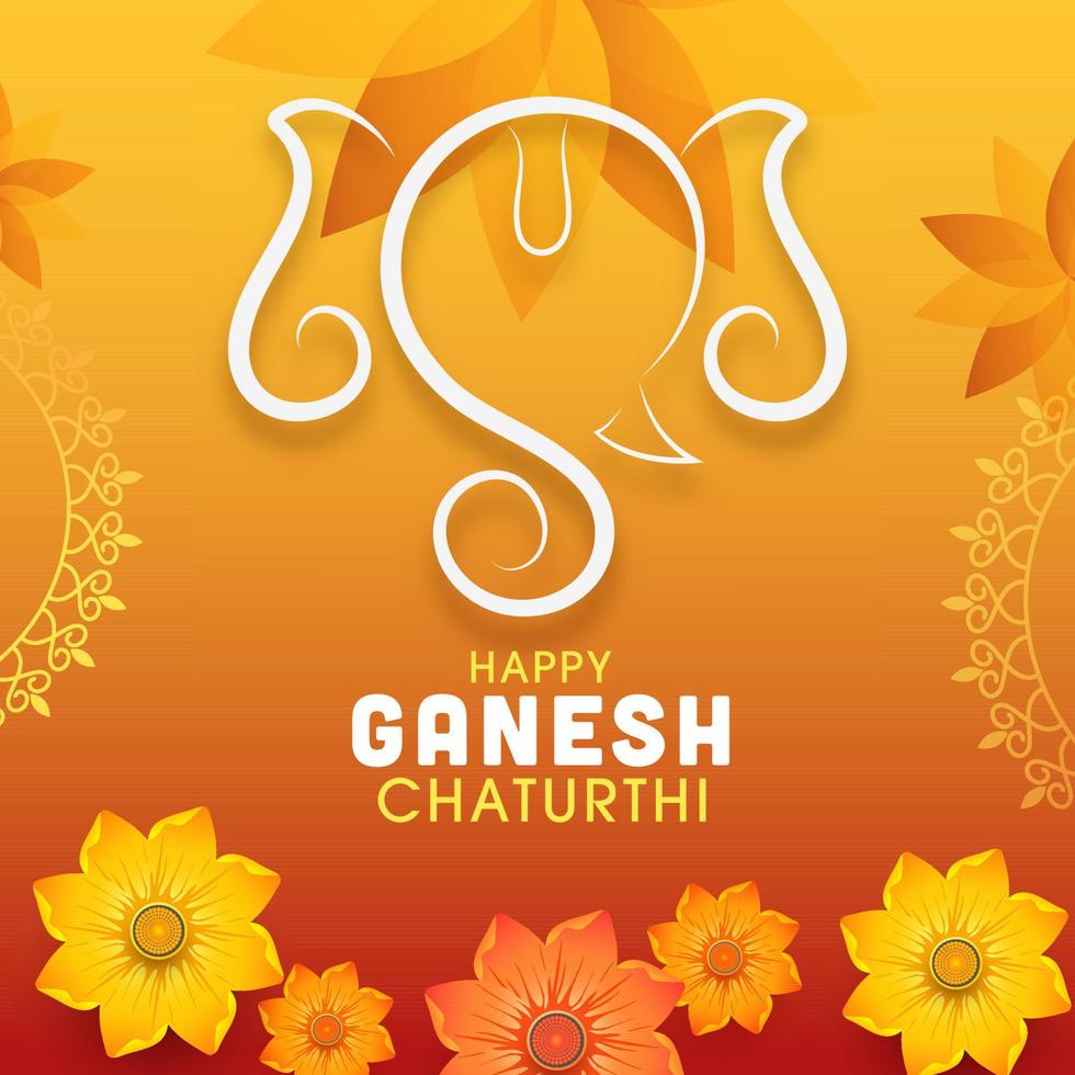 feliz ganesh chaturthi texto com linha arte ganpati face e flores decorado laranja fundo. vetor