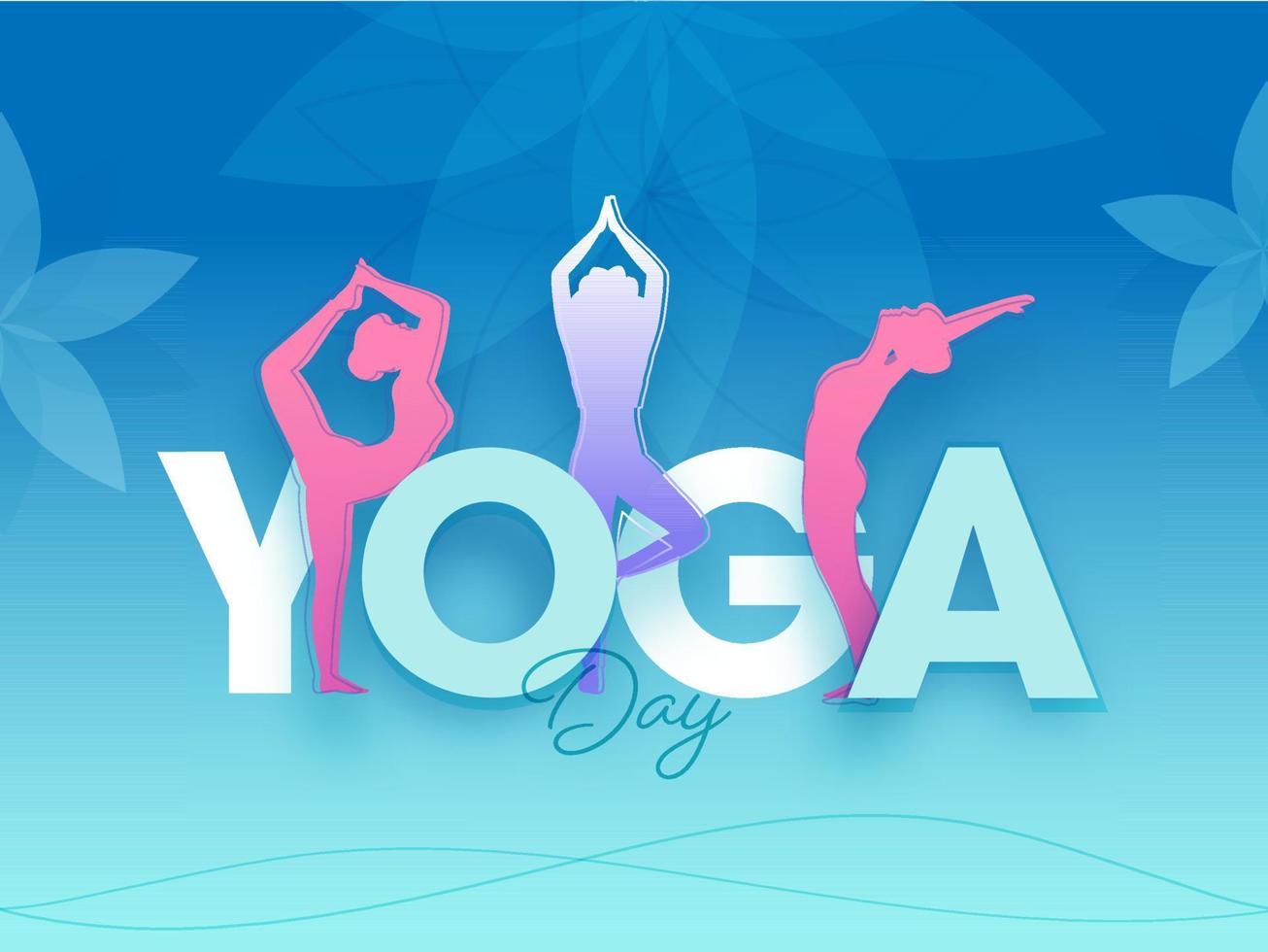 ioga dia texto com silhueta fêmea fazendo ioga asanas em gradiente azul fundo. vetor