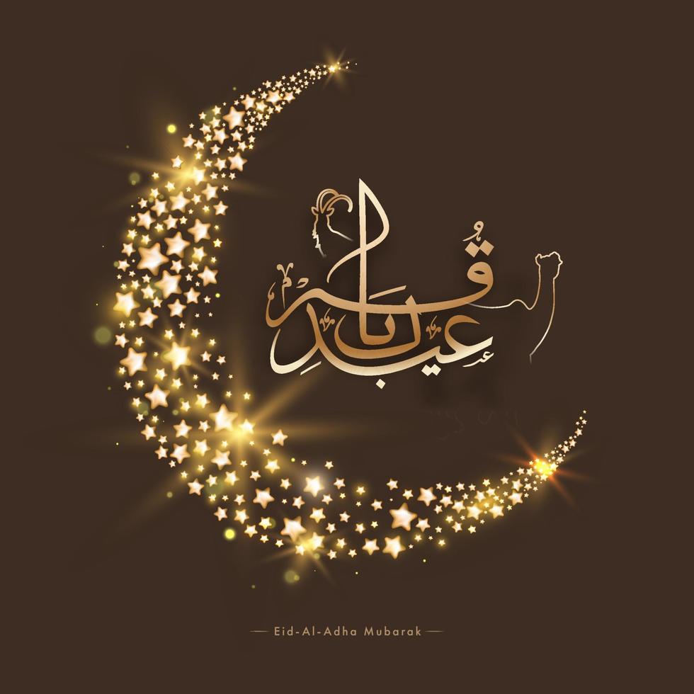 dourado eid-al-adha Mubarak caligrafia com linha arte camelo, bode e crescente lua fez de brilhante estrelas em Castanho fundo. vetor