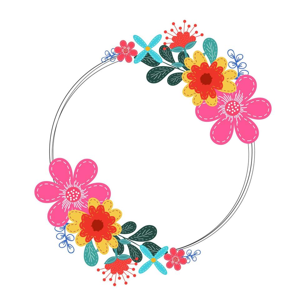 rabisco estilo flores e folhas decorado circular quadro, Armação em branco fundo. vetor