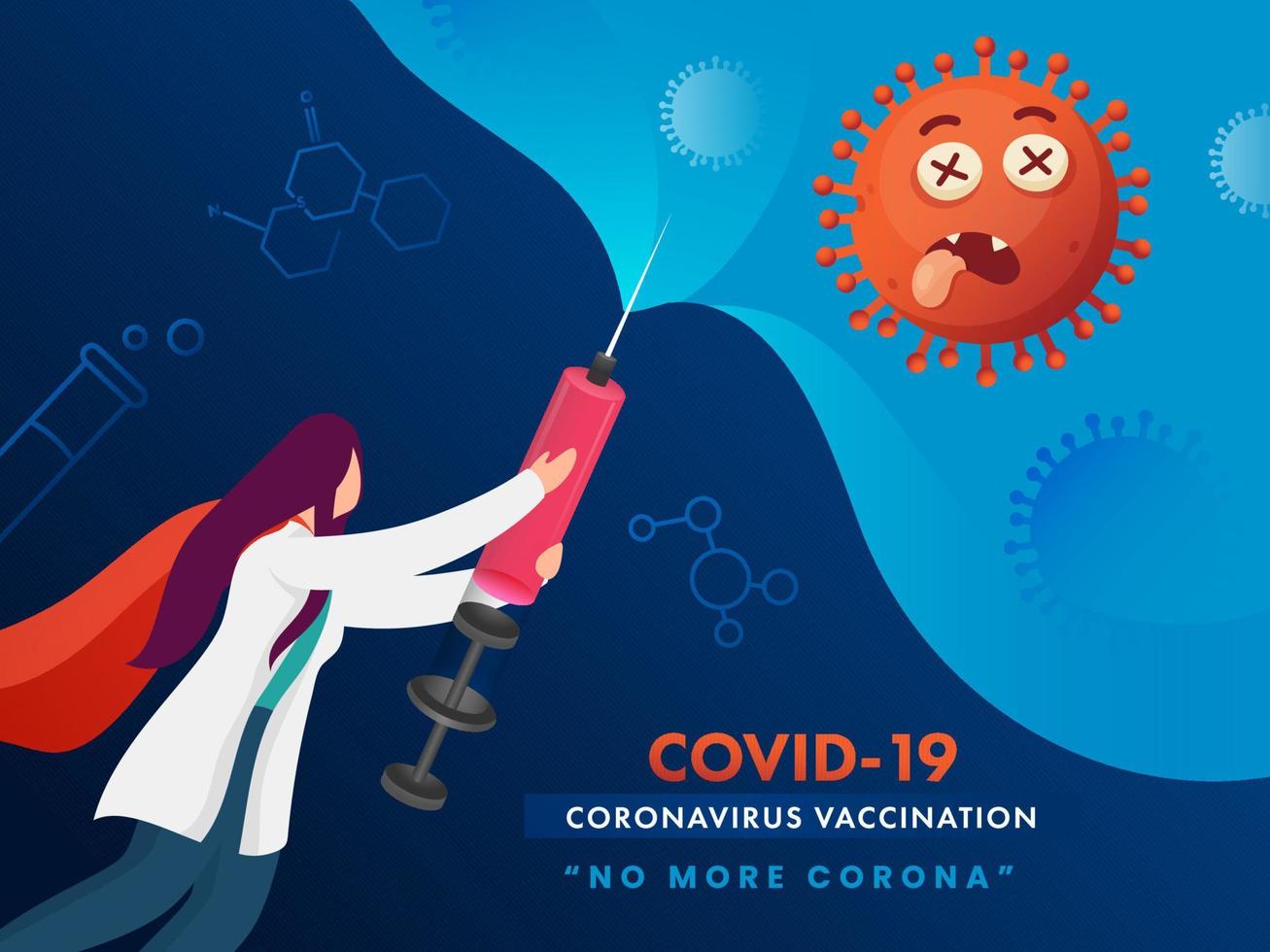super médico ou cientista mulher atacante coronavírus a partir de vacina seringa em azul fundo para covid-19 vacinação, não Mais corona. vetor