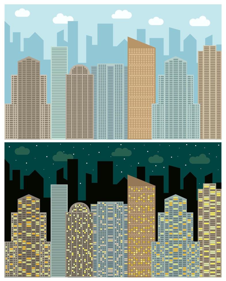 rua Visão com paisagem urbana, arranha-céus e moderno edifícios dentro a dia e noite. vetor urbano panorama ilustração.