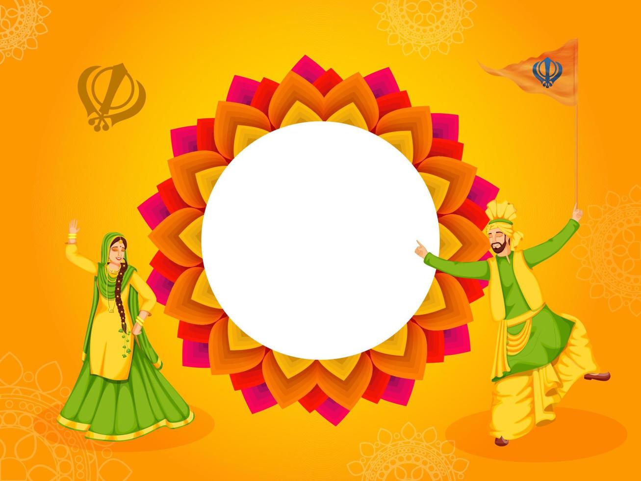 punjabi casal personagem dentro bhangra dança com sikh bandeira e esvaziar mandala quadro, Armação em laranja fundo. vetor