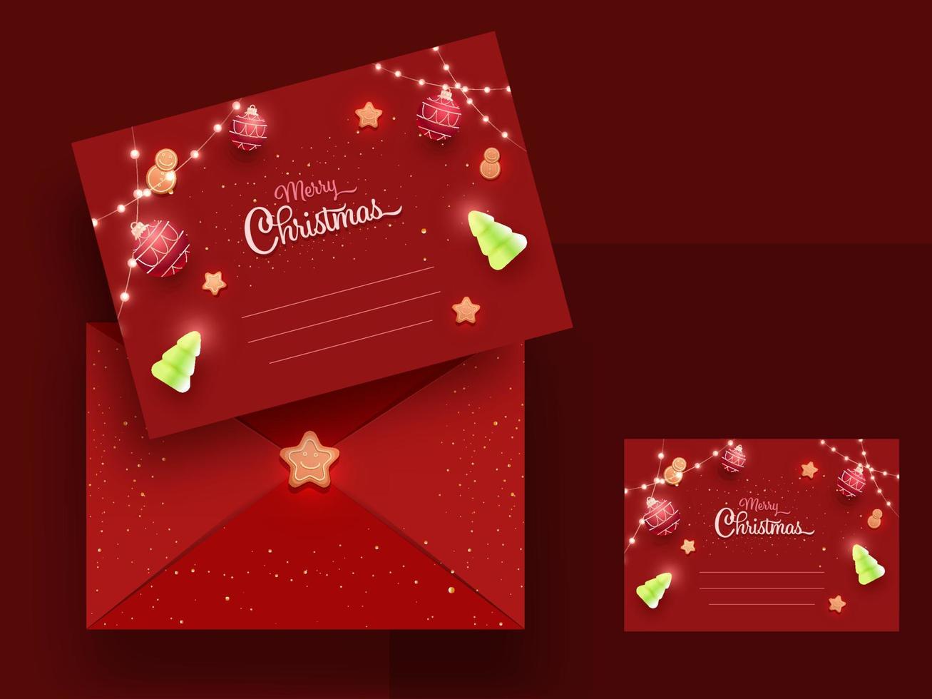 vermelho cumprimento cartões ou horizontal convite modelo com envelope para alegre Natal. vetor