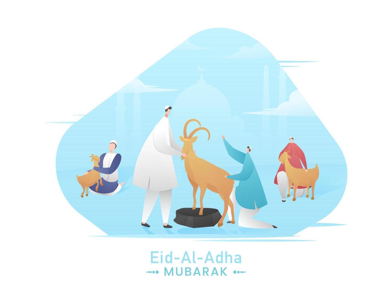 eid-al-adha Mubarak conceito com muçulmano homens segurando desenho animado cabras e azul silhueta mesquita em branco fundo. vetor