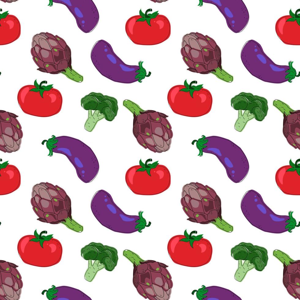 desatado padronizar com mão desenhado colorida legumes. plano ícones brócolis, beringela, Alcachofra e tomate. vegetariano saudável Comida. vetor
