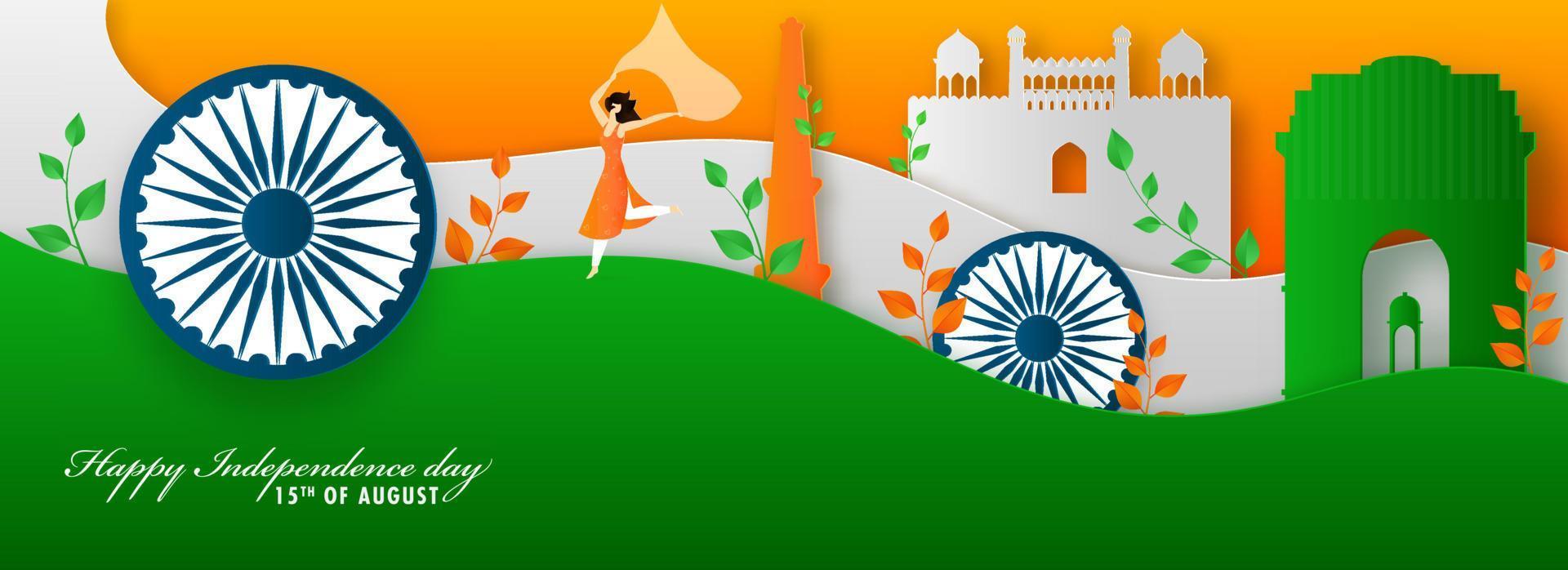 indiano tricolor papel cortar fundo com ashoka rodas, famoso monumentos e desenho animado jovem menina dentro corrida pose em a ocasião do feliz independência dia. vetor