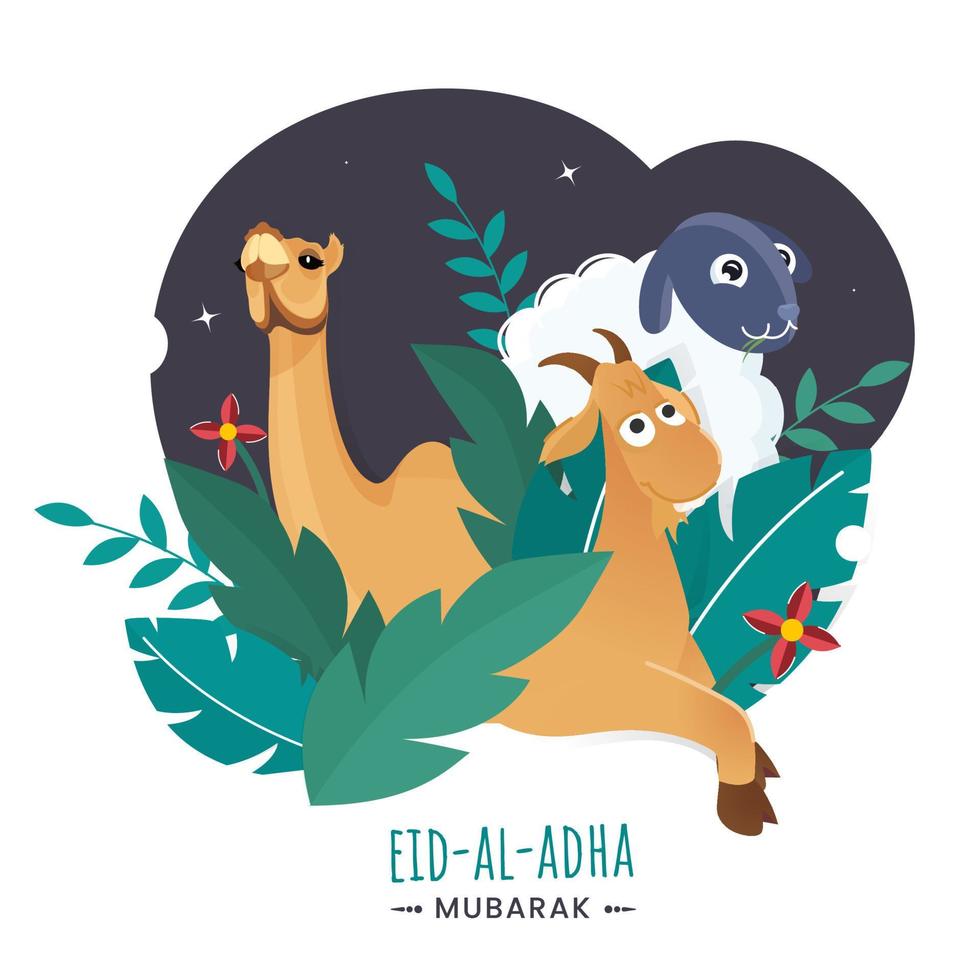 desenho animado camelo com cabra, ovelha, flores e verde folhas em branco fundo para eid-al-adha Mubarak conceito. vetor