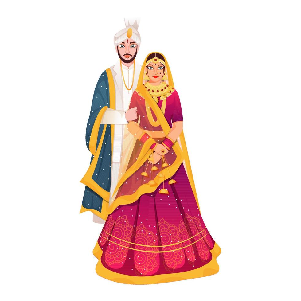 indiano Casamento casal juntos em pé em branco fundo. vetor