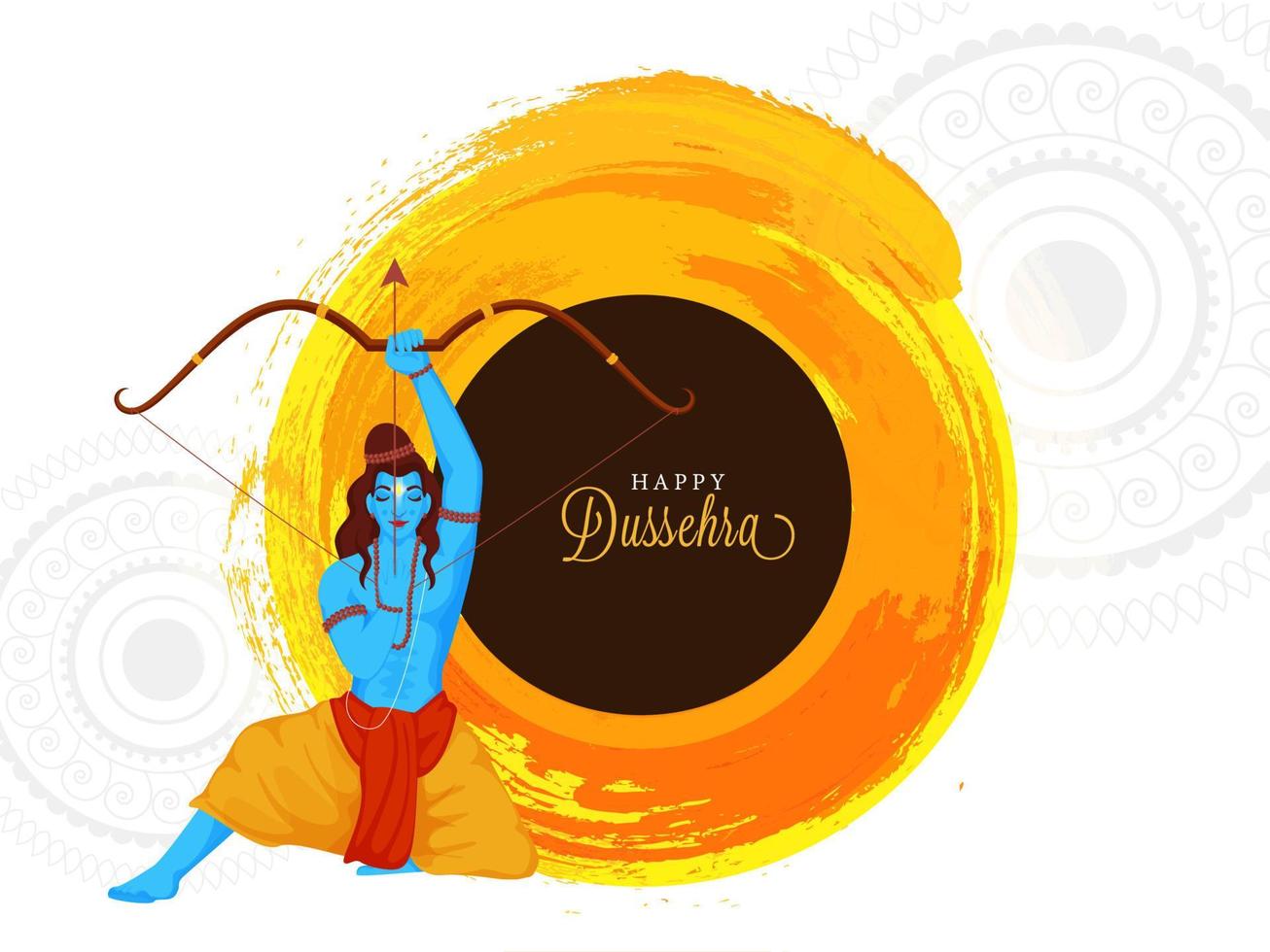 feliz dussehra Fonte com hindu mitologia senhor rama visando seta e laranja escova acidente vascular encefálico efeito em branco mandala padronizar fundo. vetor