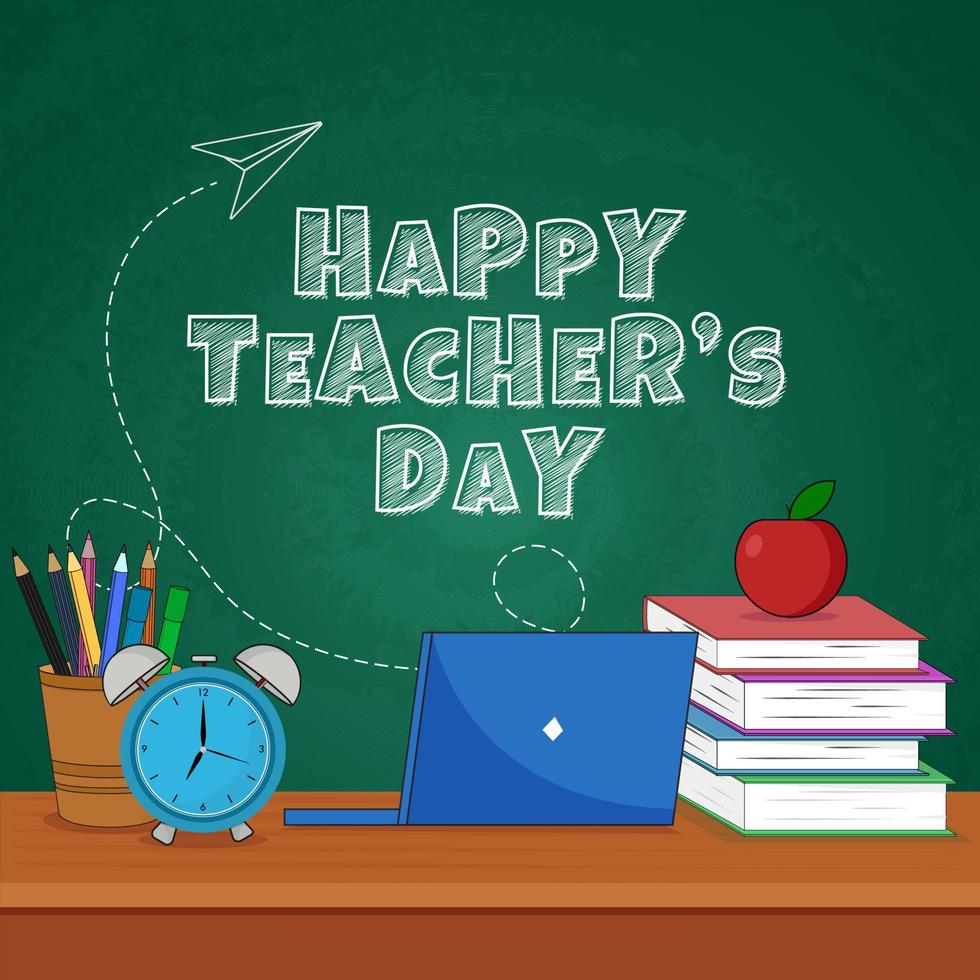 rabisco estilo feliz professores dia texto em verde quadro-negro com computador portátil e Educação suprimentos elementos. vetor