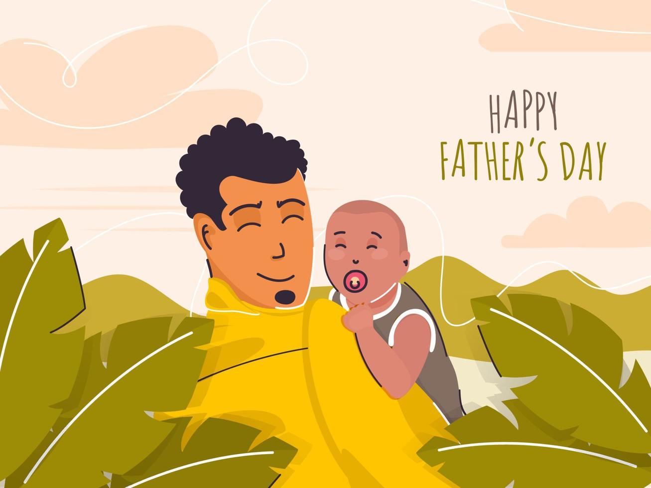 desenho animado homem segurando bebê usando chupeta dentro dele braços com verde folhas em pêssego fundo. vetor