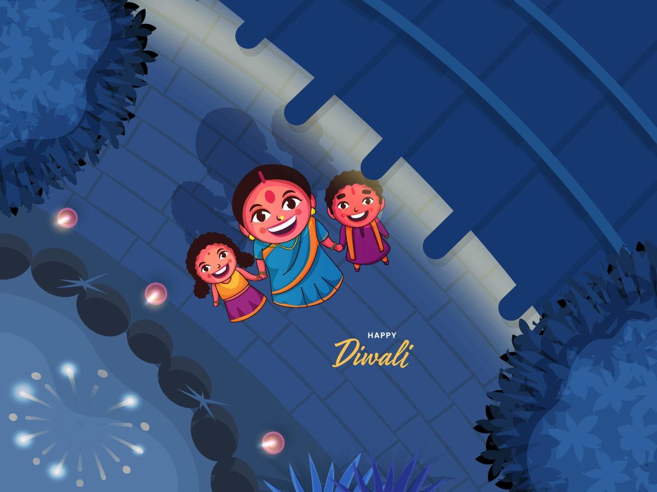 alegre mãe segurando mãos do dela crianças e Veja às céu em a ocasião do feliz diwali. vetor