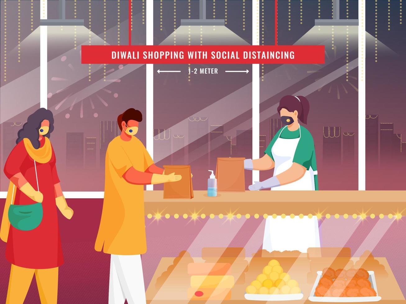 indiano consumidores levando Cuidado do segurança medidas. conceito para diwali compras Porque do covid19 pandemia. vetor