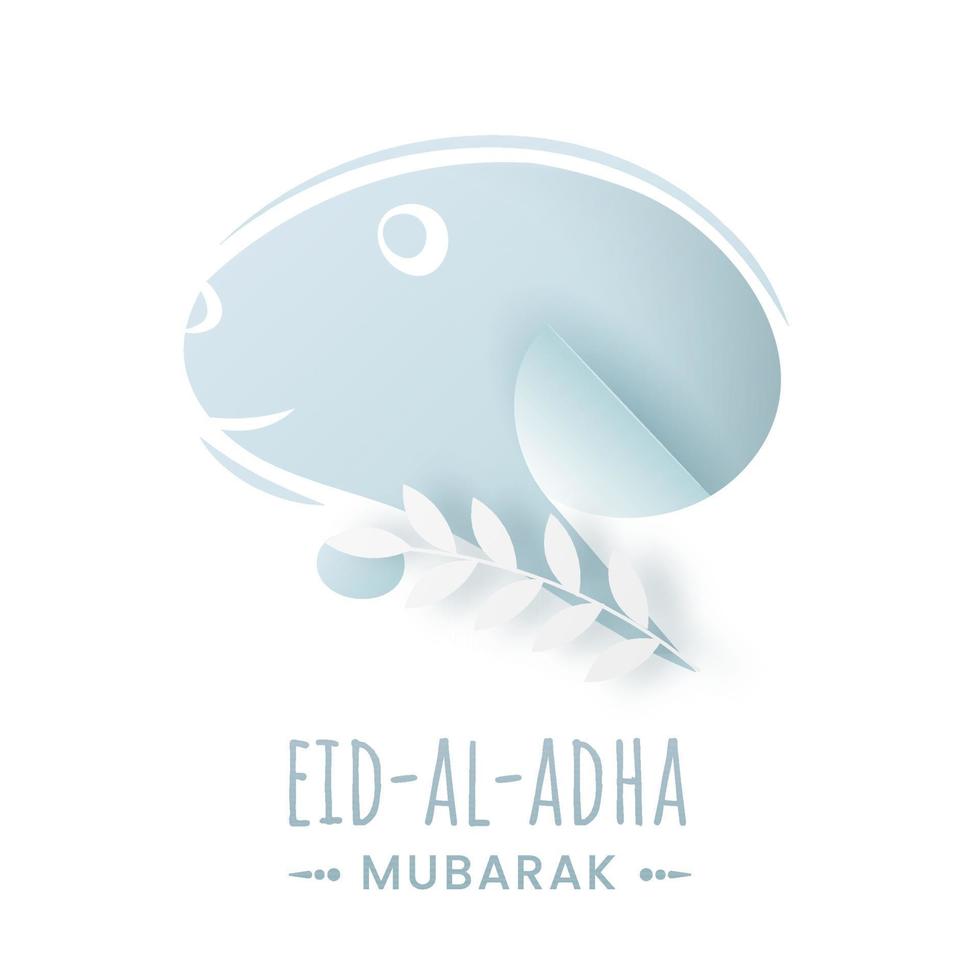 eid-al-adha Mubarak texto com azul papel ovelha face e folhas em branco fundo. vetor