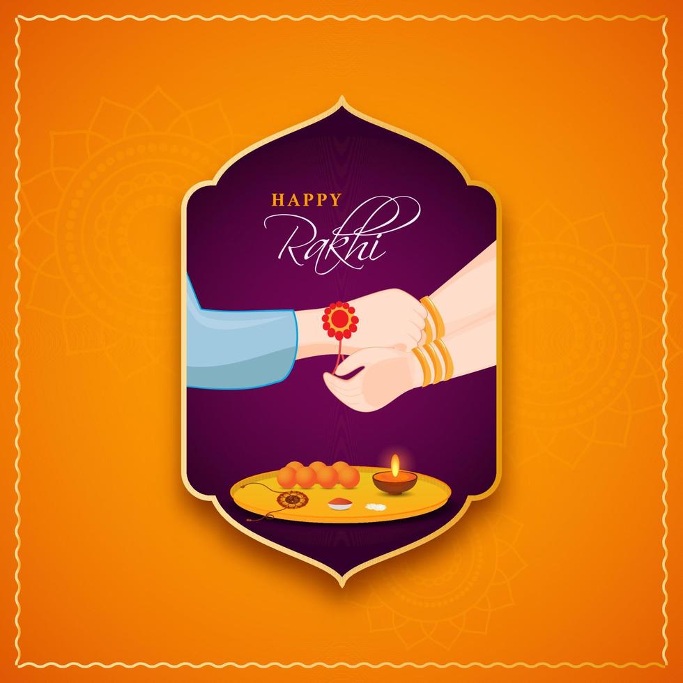 ilustração do irmã mão amarrar rakhi para dela irmão com adoração prato dentro roxa vintage quadro, Armação em laranja mandala padronizar fundo para feliz rakhi celebração. vetor