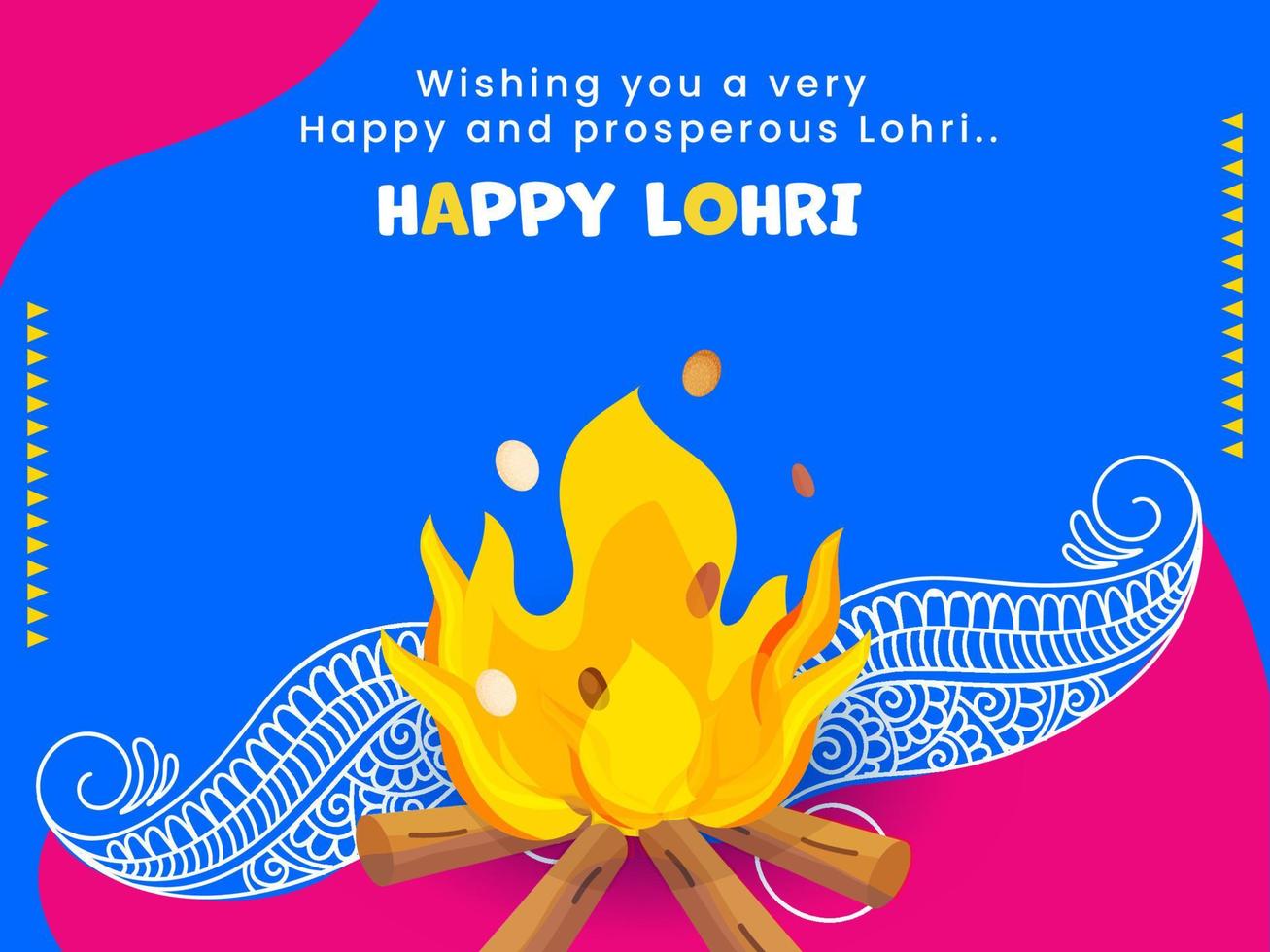 feliz Lohri celebração desejando cartão com fogueira, floral padronizar em Rosa e azul fundo. vetor