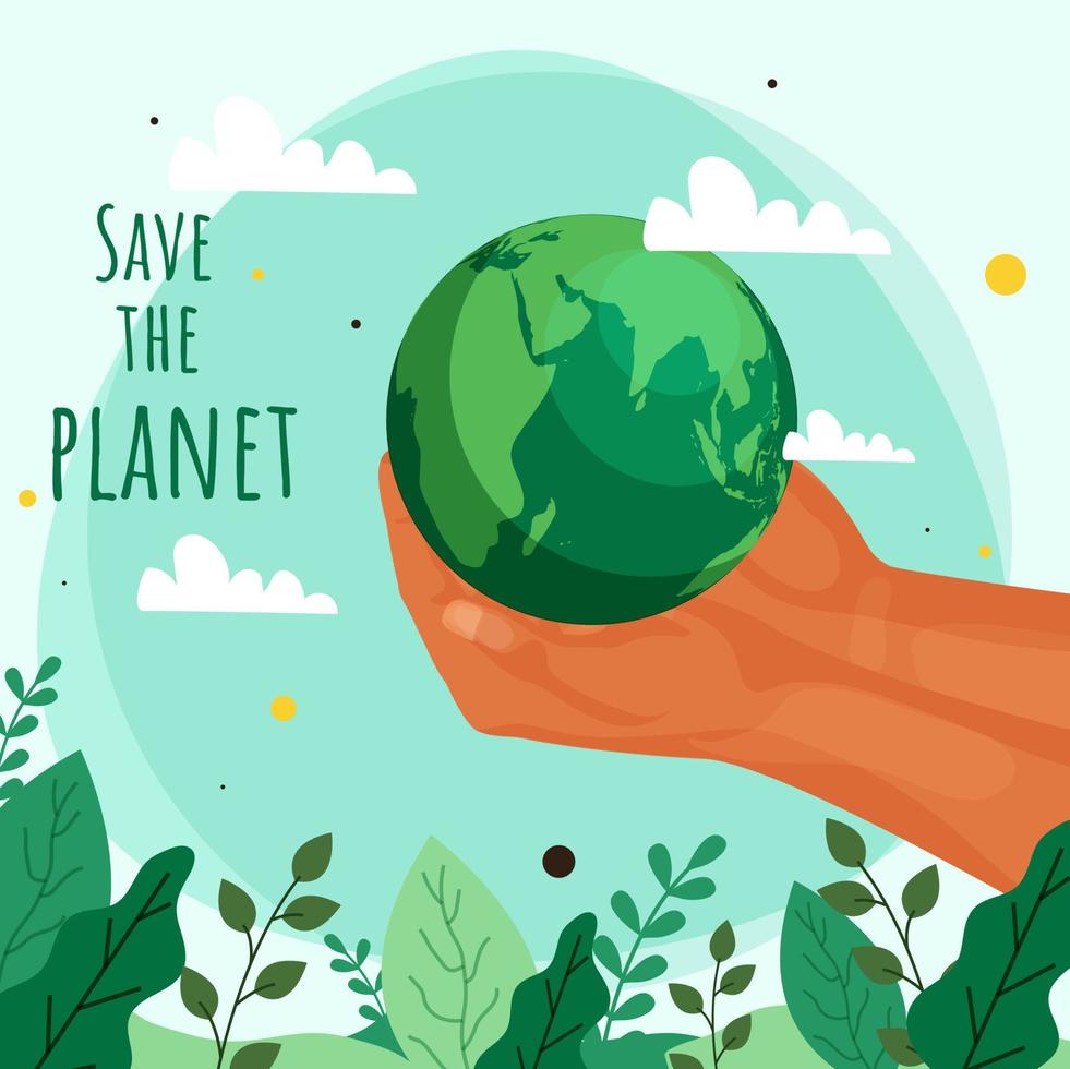 Salve  a planeta conceito com humano mãos segurando terra globo e folhas decorado em luz verde fundo. vetor