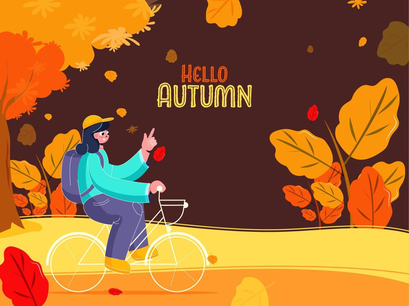 jovem menina equitação bicicleta com uma mochila em natureza Visão Castanho fundo para Olá outono. vetor
