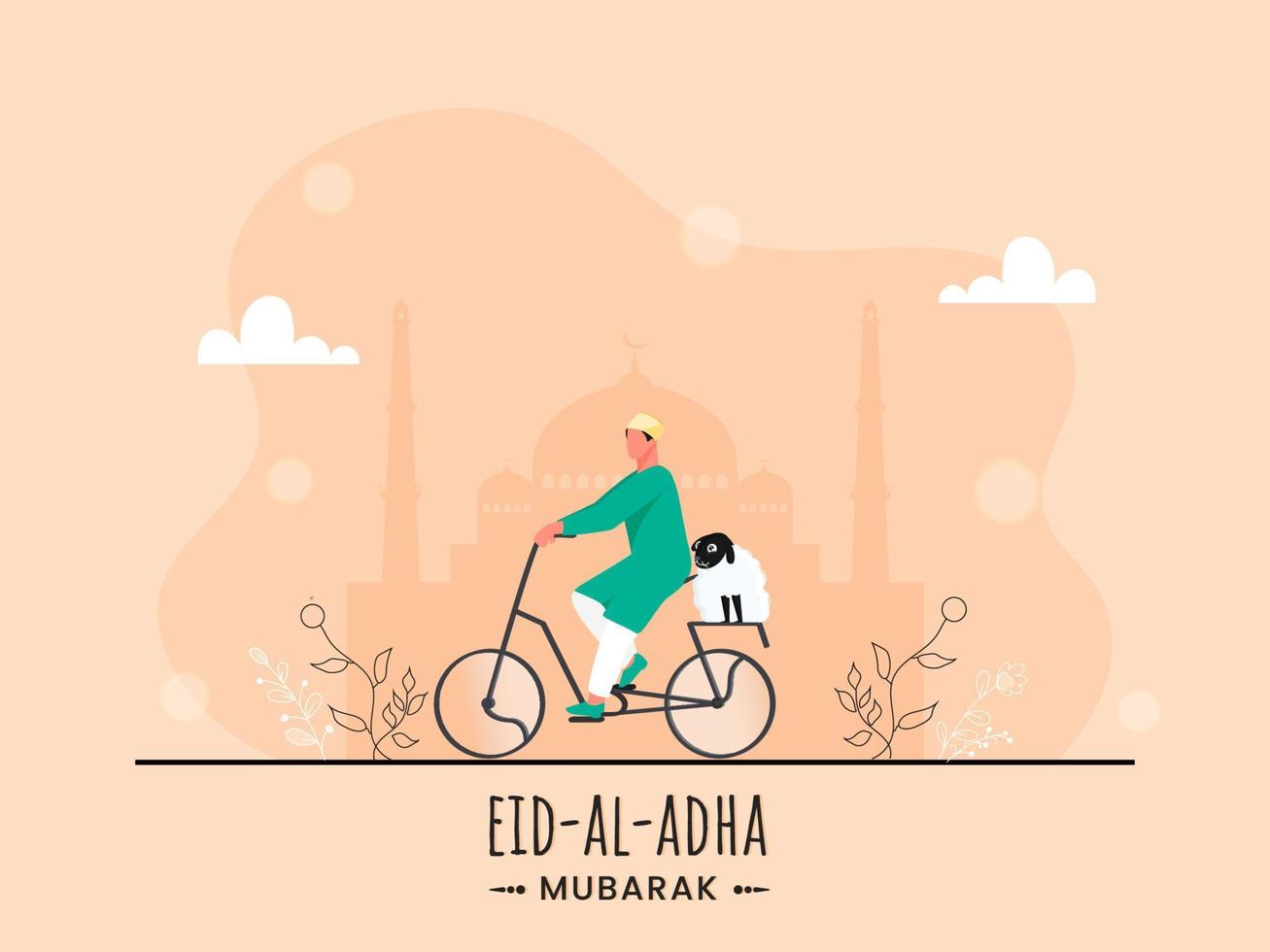 muçulmano jovem Garoto equitação uma bicicleta com desenho animado ovelha e silhueta mesquita em pêssego fundo para eid-al-adha Mubarak celebração. vetor