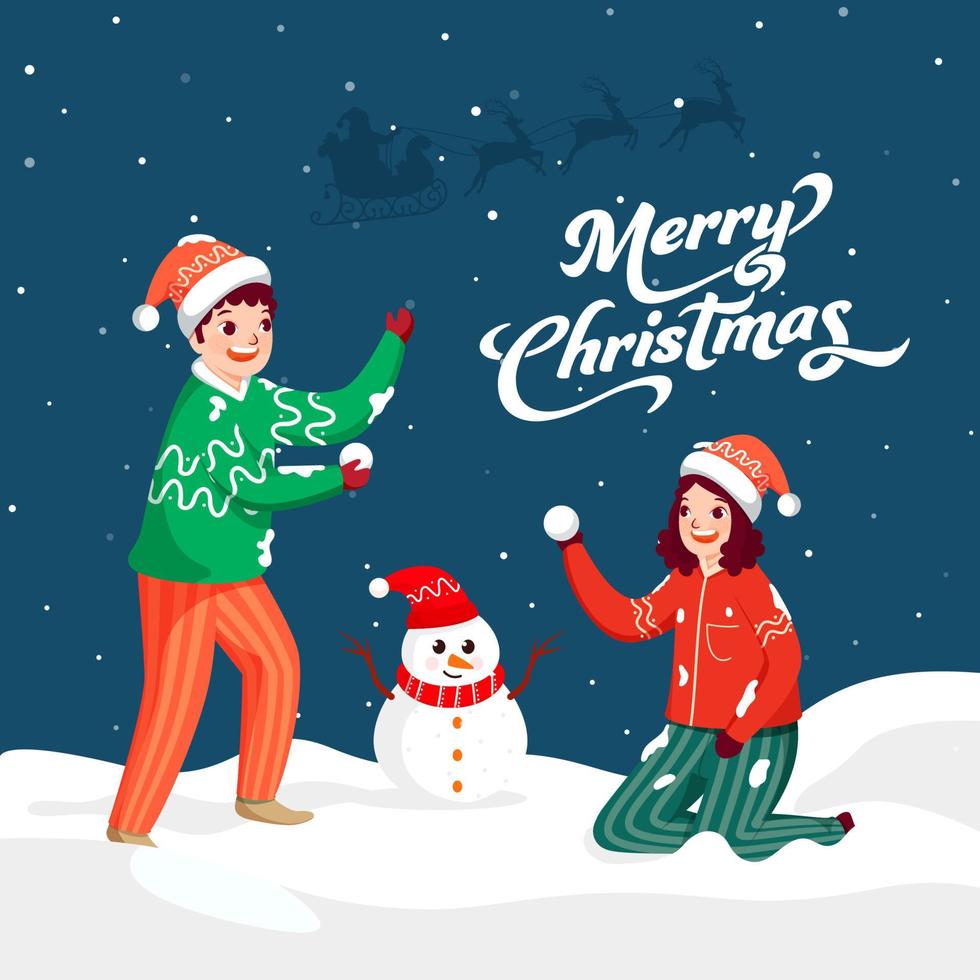 alegre Natal Fonte com alegre crianças segurando bola de neve, desenho animado boneco de neve em neve queda azul fundo. vetor