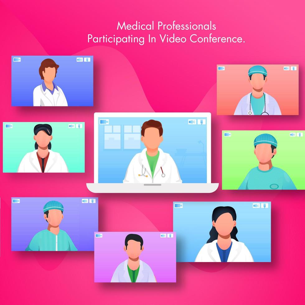 médico profissional participando dentro vídeo conferência de computador portátil com múltiplo telas do médicos e enfermeiros. vetor